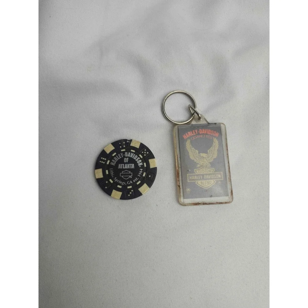 Harley-Davidson Atlanta Poker Chip and Vintage Cigarettes Acrylic Keychain Lot